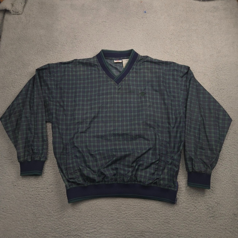 Vintage Jerzees Plaid Nylon Golf Windbreaker Mens L V-Neck Side Zip Jacket
